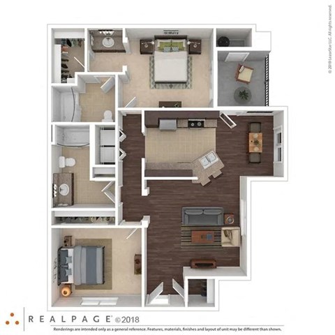 Floor plan for 2 beds, 2 baths, 1122 sqft